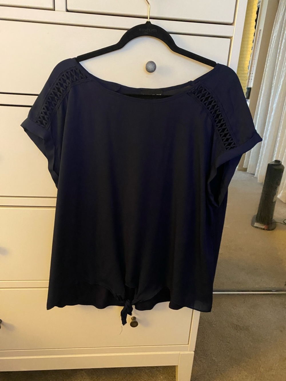 Women’s Navy Short Sleeve Tie-Front Blouse with Braided Shoulder Detail